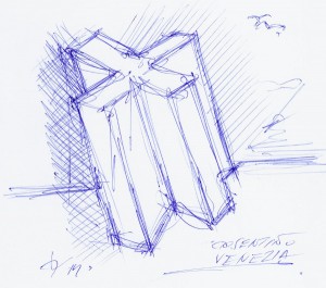 Ein erstes Skribble der Skulptur „X“ von Daniel Libeskind für Cosentino, die auf der Architekturbiennale zu sehen ist. Foto: Cosentino/Daniel Libeskind