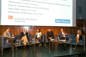 Designtalk im MAK mit den Experten Robert Bastirsch, Prof. Dr. Günther Grall, Ulrike Weiser, Dr. Georg Emprechtinger, Thomas Bene, Ulrike Leitner (v.l.n.r.). © Mirjam Reithe